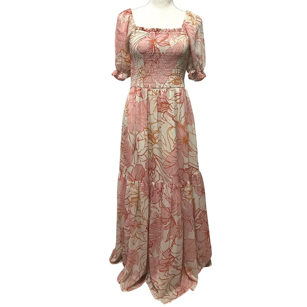 Patrons of Peace Floral Milkmaid Smocked Tiered Maxi Dress Women's M Cottage - Picture 1 of 7